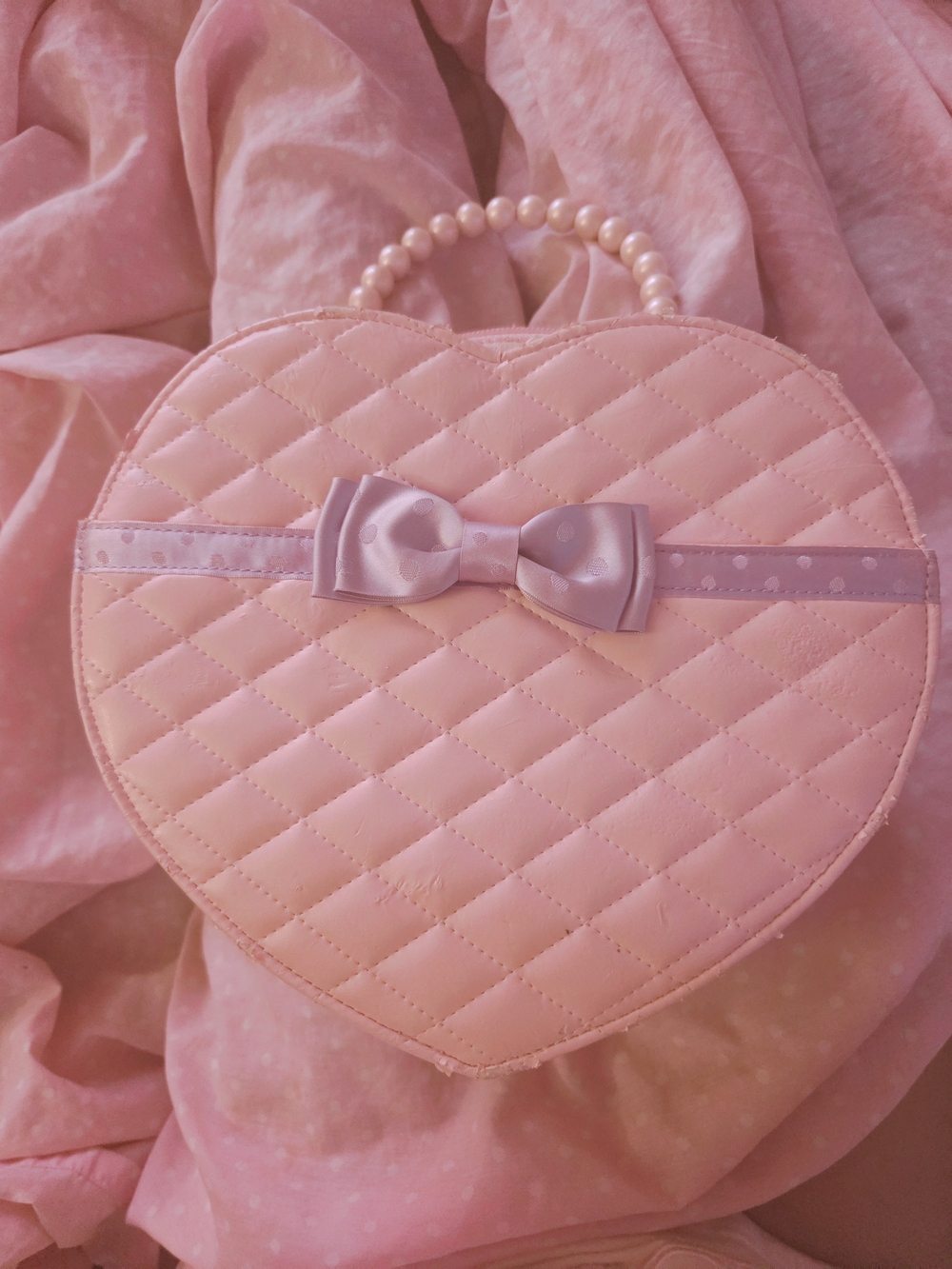 Coquettish Tiara Lolita Heart-Shaped Quilted Bag with Pearl Handle